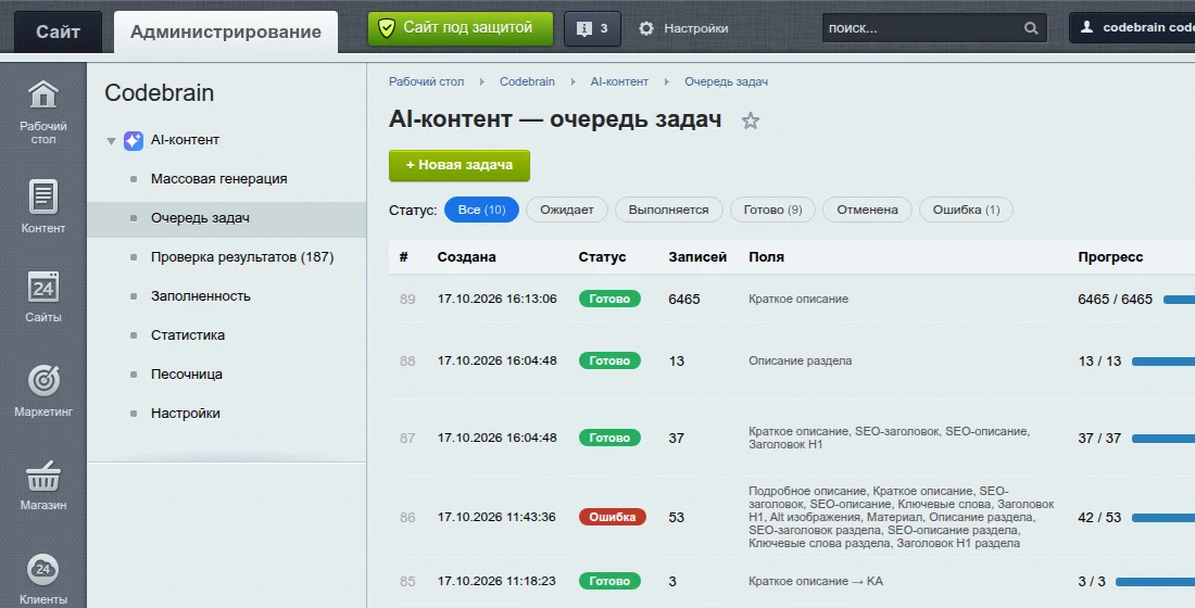 Раздел «Codebrain» в меню административной панели